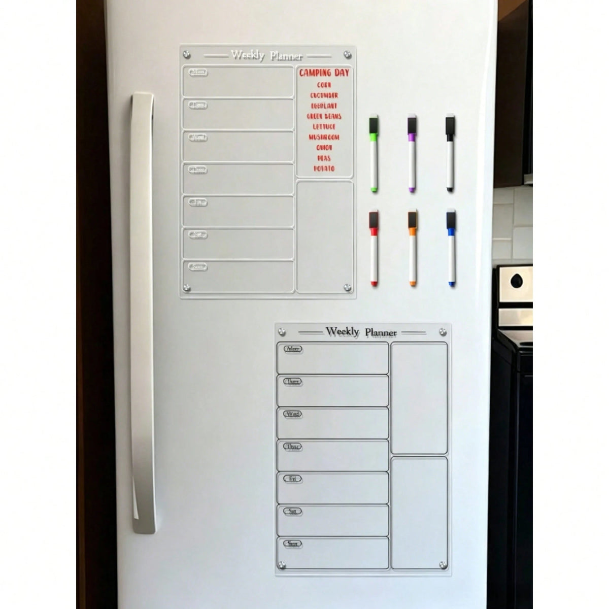 1pc Acrylic Stand White & Black Weekly Planner, Magnetic Acrylic Refrigerator Calendar, Dry Erase Reusable Weekly Meal Plan Memo Board (Includes 6 Whiteboard Markers)