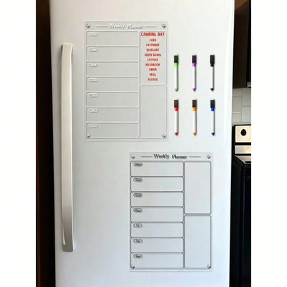 1pc Acrylic Stand White & Black Weekly Planner, Magnetic Acrylic Refrigerator Calendar, Dry Erase Reusable Weekly Meal Plan Memo Board (Includes 6 Whiteboard Markers)