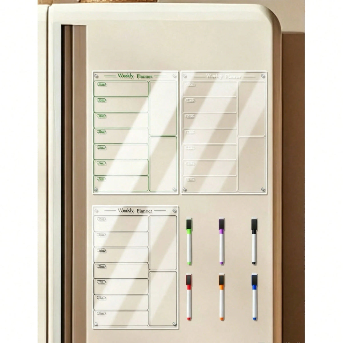 1pc Acrylic Stand White & Black Weekly Planner, Magnetic Acrylic Refrigerator Calendar, Dry Erase Reusable Weekly Meal Plan Memo Board (Includes 6 Whiteboard Markers)