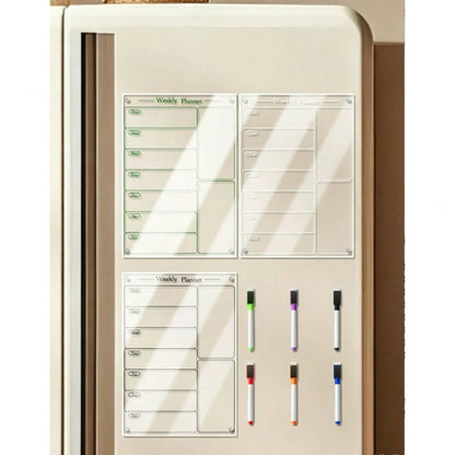 1pc Acrylic Stand White & Black Weekly Planner, Magnetic Acrylic Refrigerator Calendar, Dry Erase Reusable Weekly Meal Plan Memo Board (Includes 6 Whiteboard Markers)