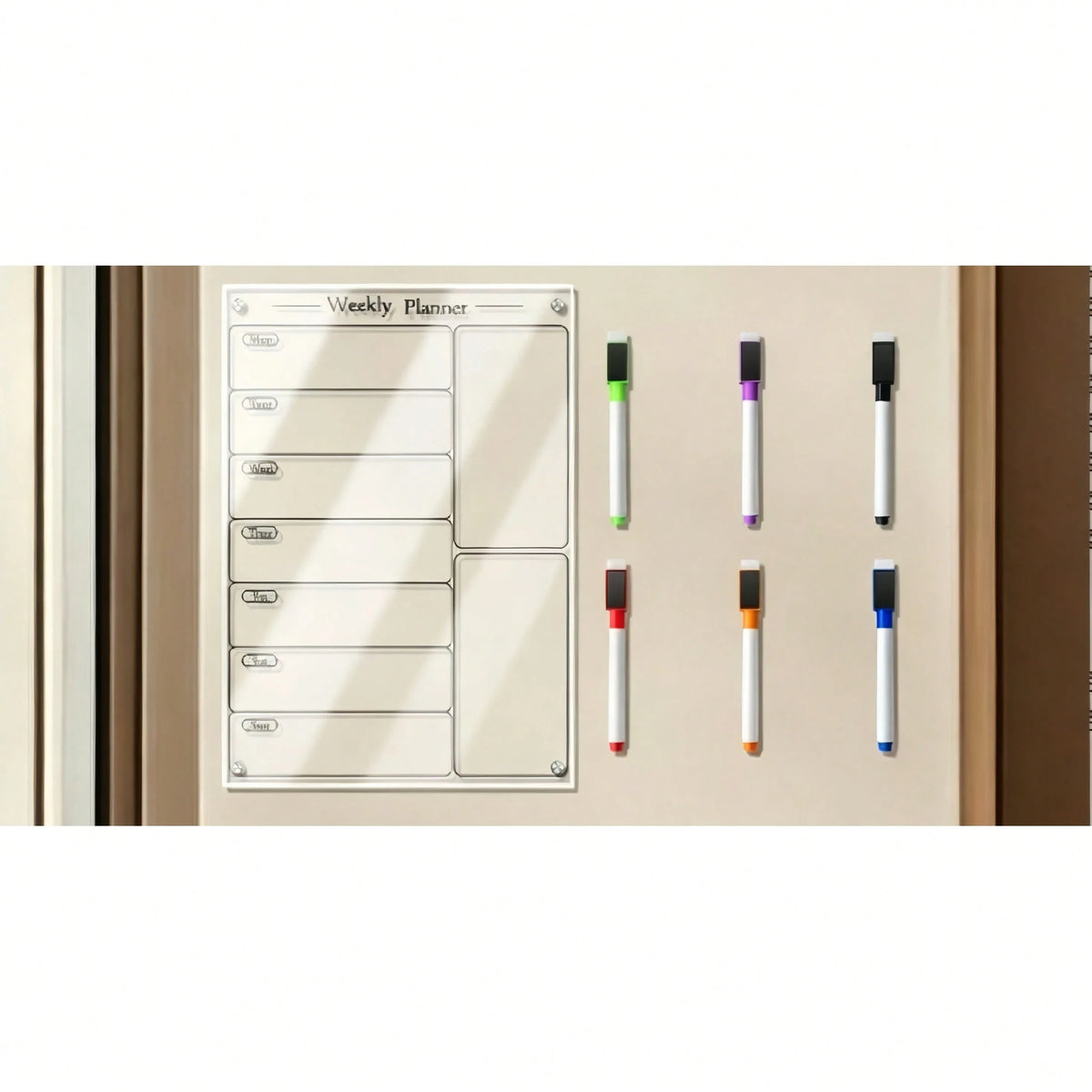 1pc Acrylic Stand White & Black Weekly Planner, Magnetic Acrylic Refrigerator Calendar, Dry Erase Reusable Weekly Meal Plan Memo Board (Includes 6 Whiteboard Markers)