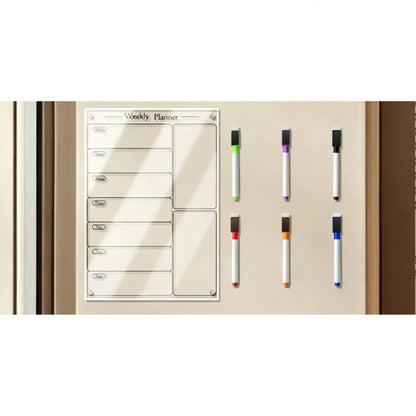 1pc Acrylic Stand White & Black Weekly Planner, Magnetic Acrylic Refrigerator Calendar, Dry Erase Reusable Weekly Meal Plan Memo Board (Includes 6 Whiteboard Markers)