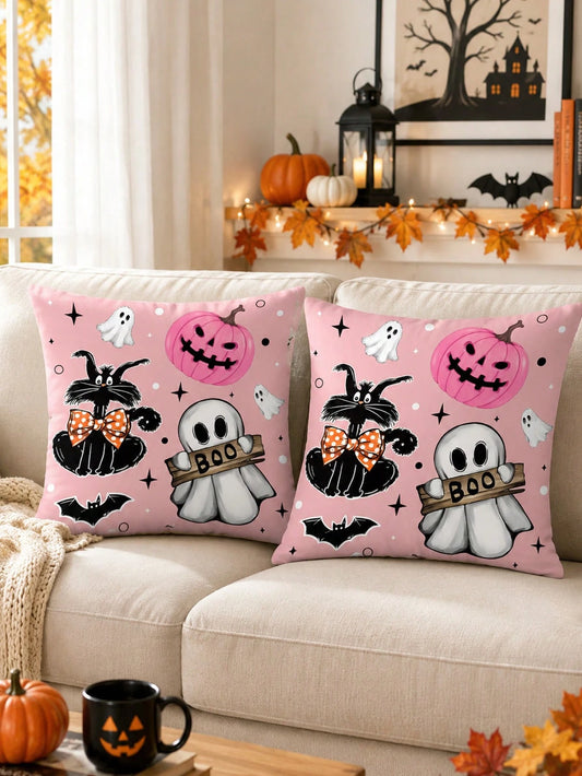 1pc And 2Pcs​​ Pink Halloween Throw Pillow Covers (No Insert), Cute Ghost & Pumpkin Print, Kawaii Pastel Decorative Cushion Cases For Home Sofa Bedroom