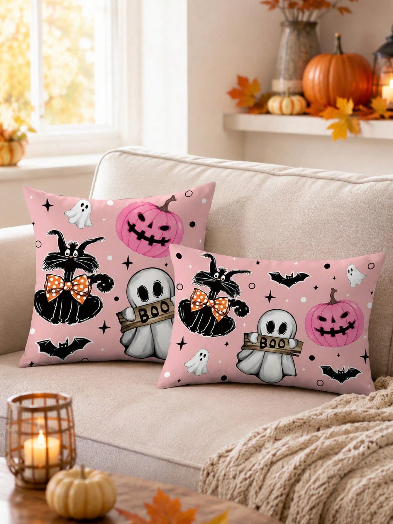 1pc And 2Pcs​​ Pink Halloween Throw Pillow Covers (No Insert), Cute Ghost & Pumpkin Print, Kawaii Pastel Decorative Cushion Cases For Home Sofa Bedroom