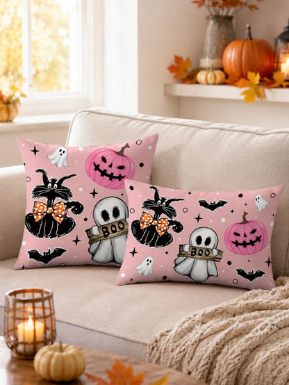 1pc And 2Pcs​​ Pink Halloween Throw Pillow Covers (No Insert), Cute Ghost & Pumpkin Print, Kawaii Pastel Decorative Cushion Cases For Home Sofa Bedroom