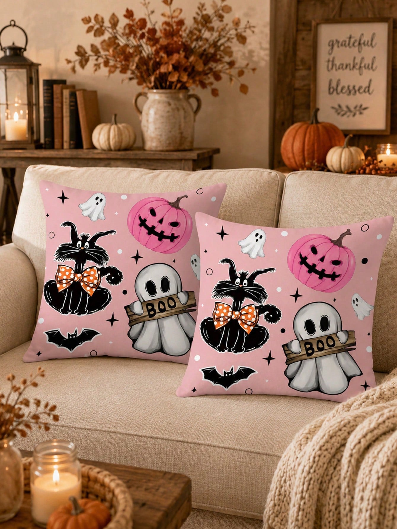 1pc And 2Pcs​​ Pink Halloween Throw Pillow Covers (No Insert), Cute Ghost & Pumpkin Print, Kawaii Pastel Decorative Cushion Cases For Home Sofa Bedroom