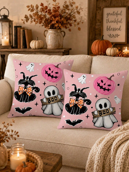 1pc And 2Pcs​​ Pink Halloween Throw Pillow Covers (No Insert), Cute Ghost & Pumpkin Print, Kawaii Pastel Decorative Cushion Cases For Home Sofa Bedroom