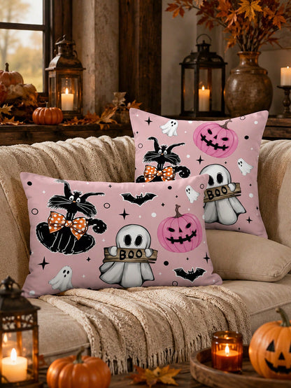 1pc And 2Pcs​​ Pink Halloween Throw Pillow Covers (No Insert), Cute Ghost & Pumpkin Print, Kawaii Pastel Decorative Cushion Cases For Home Sofa Bedroom