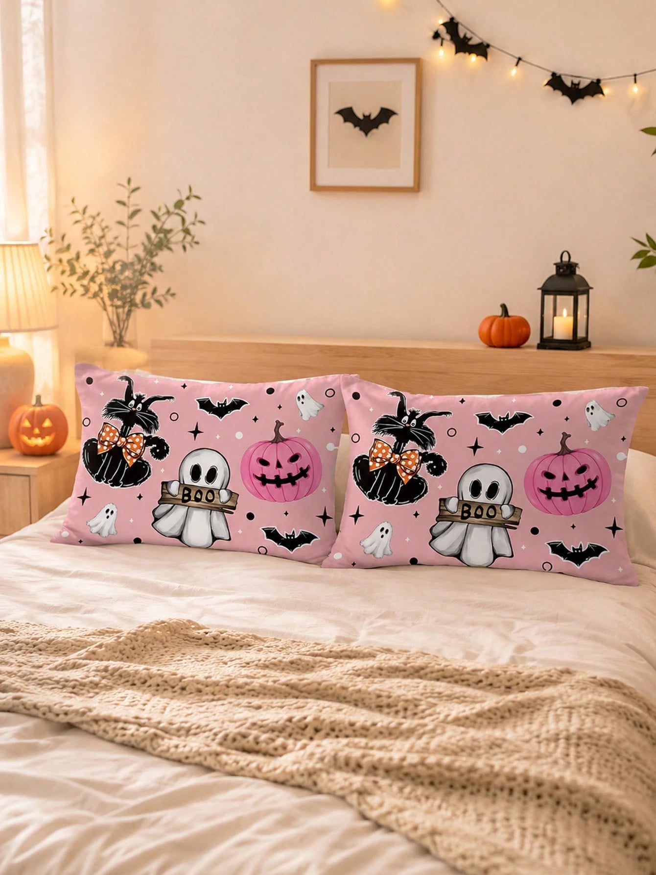 1pc And 2Pcs​​ Pink Halloween Throw Pillow Covers (No Insert), Cute Ghost & Pumpkin Print, Kawaii Pastel Decorative Cushion Cases For Home Sofa Bedroom