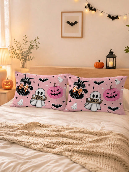 1pc And 2Pcs​​ Pink Halloween Throw Pillow Covers (No Insert), Cute Ghost & Pumpkin Print, Kawaii Pastel Decorative Cushion Cases For Home Sofa Bedroom