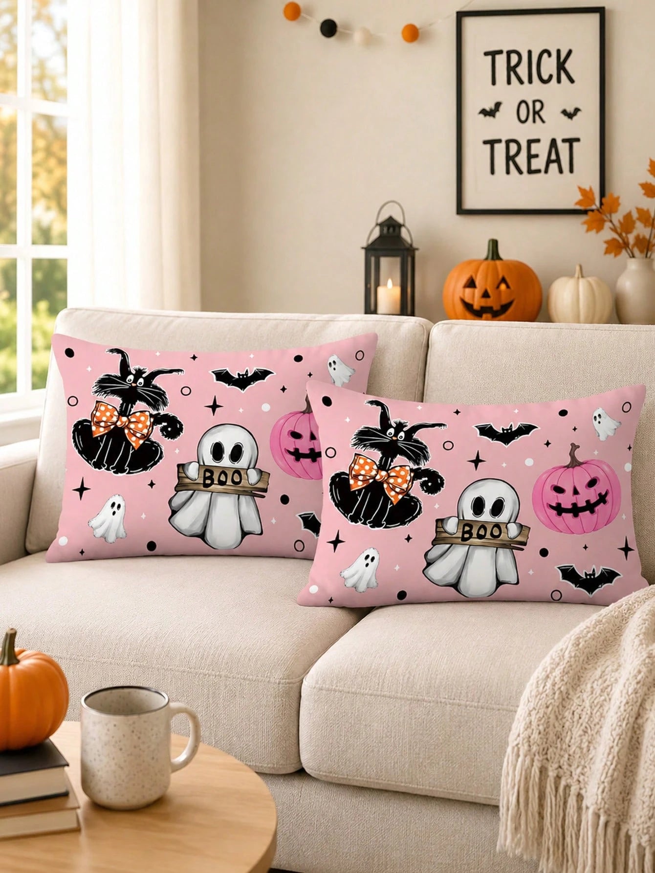 1pc And 2Pcs​​ Pink Halloween Throw Pillow Covers (No Insert), Cute Ghost & Pumpkin Print, Kawaii Pastel Decorative Cushion Cases For Home Sofa Bedroom