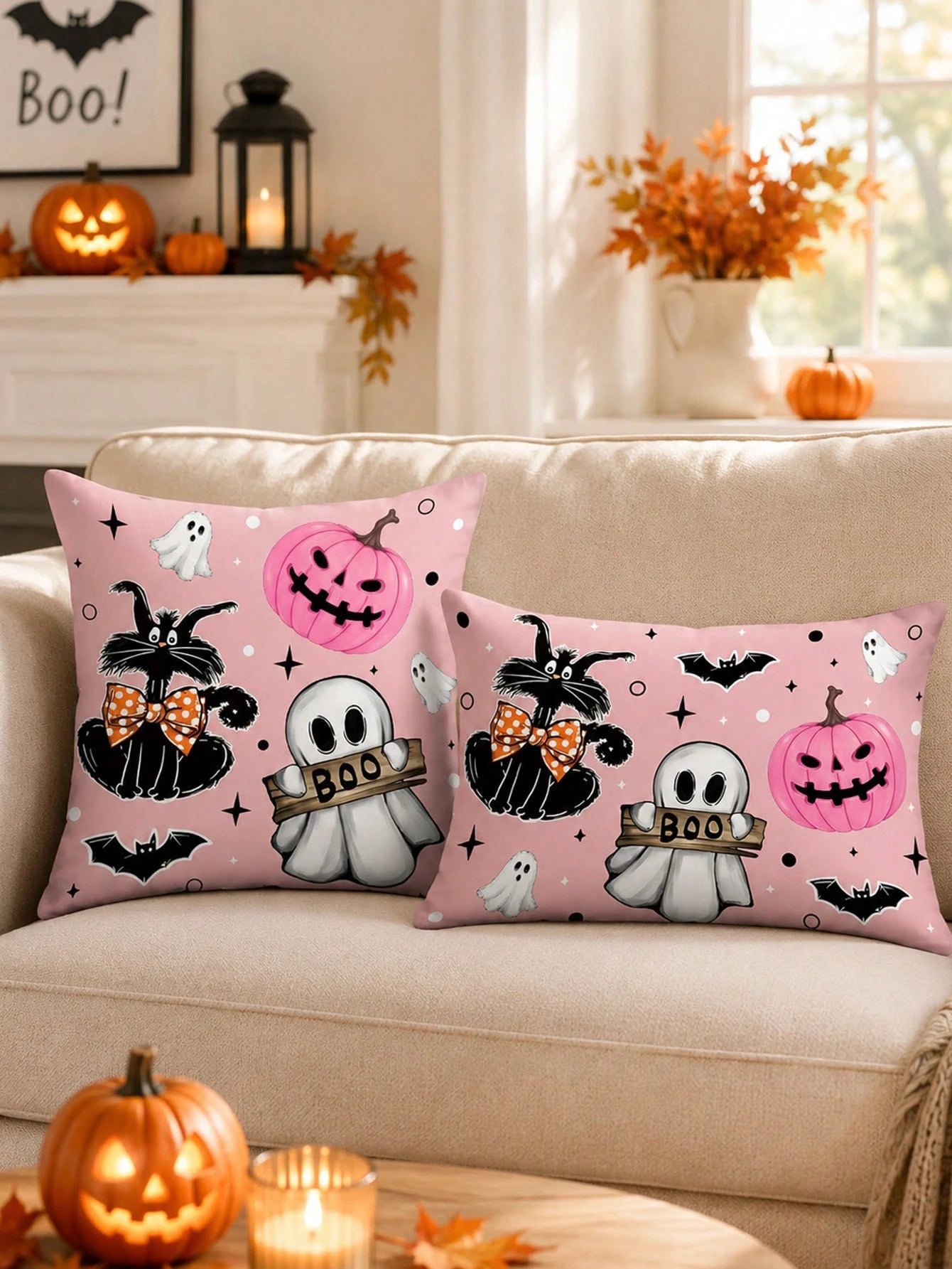 1pc And 2Pcs​​ Pink Halloween Throw Pillow Covers (No Insert), Cute Ghost & Pumpkin Print, Kawaii Pastel Decorative Cushion Cases For Home Sofa Bedroom