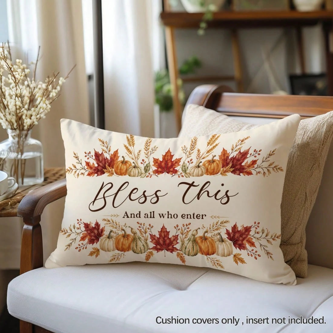 1pc Autumn Pumpkin Maple Leaf "Bless This And All Who Enter" Text Pattern Pillowcase, Skin-Friendly Peach Skin Velvet Material, Single-Sided Print 30*50/40*60cm, Suitable For Living Room Bedroom Sofa