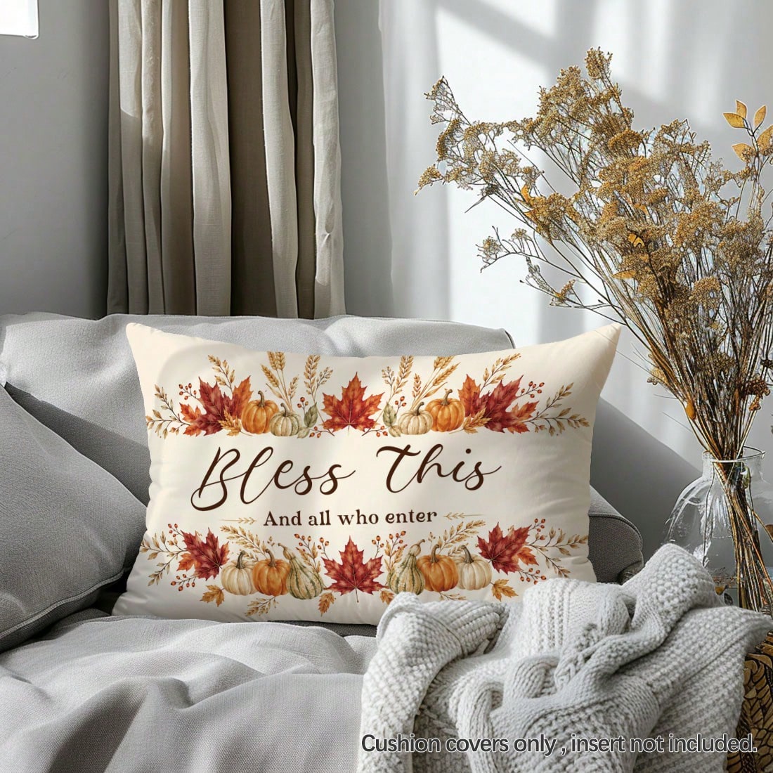 1pc Autumn Pumpkin Maple Leaf "Bless This And All Who Enter" Text Pattern Pillowcase, Skin-Friendly Peach Skin Velvet Material, Single-Sided Print 30*50/40*60cm, Suitable For Living Room Bedroom Sofa