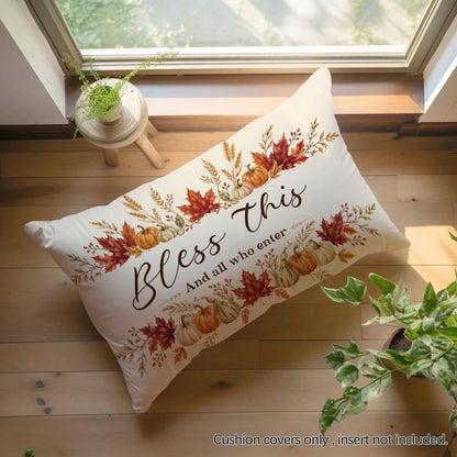 1pc Autumn Pumpkin Maple Leaf "Bless This And All Who Enter" Text Pattern Pillowcase, Skin-Friendly Peach Skin Velvet Material, Single-Sided Print 30*50/40*60cm, Suitable For Living Room Bedroom Sofa