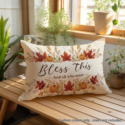 1pc Autumn Pumpkin Maple Leaf "Bless This And All Who Enter" Text Pattern Pillowcase, Skin-Friendly Peach Skin Velvet Material, Single-Sided Print 30*50/40*60cm, Suitable For Living Room Bedroom Sofa