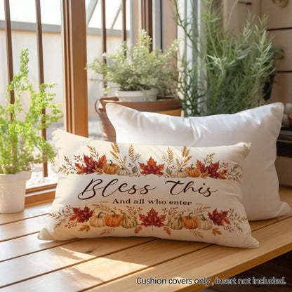 1pc Autumn Pumpkin Maple Leaf "Bless This And All Who Enter" Text Pattern Pillowcase, Skin-Friendly Peach Skin Velvet Material, Single-Sided Print 30*50/40*60cm, Suitable For Living Room Bedroom Sofa