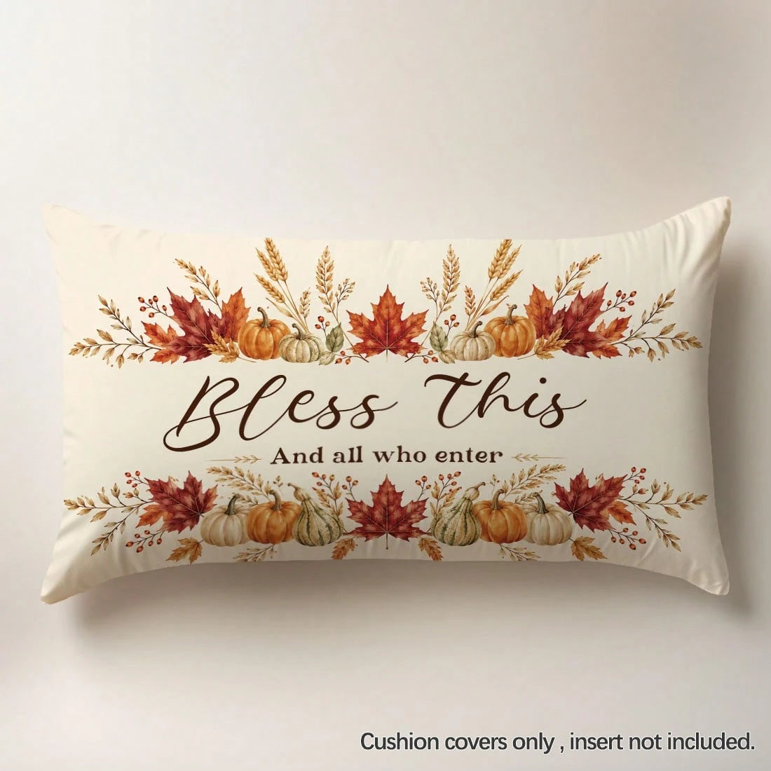 1pc Autumn Pumpkin Maple Leaf "Bless This And All Who Enter" Text Pattern Pillowcase, Skin-Friendly Peach Skin Velvet Material, Single-Sided Print 30*50/40*60cm, Suitable For Living Room Bedroom Sofa