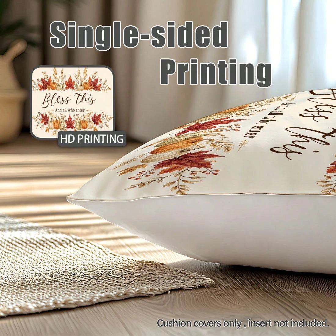1pc Autumn Pumpkin Maple Leaf "Bless This And All Who Enter" Text Pattern Pillowcase, Skin-Friendly Peach Skin Velvet Material, Single-Sided Print 30*50/40*60cm, Suitable For Living Room Bedroom Sofa
