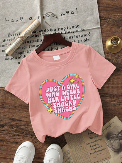 1pc Baby Girls' Retro Sweet T-Shirt, "Just A Girl Who Needs Her Little Snacky Snacks" Print, Short Sleeve, Soft And Comfortable Fabric, Tee