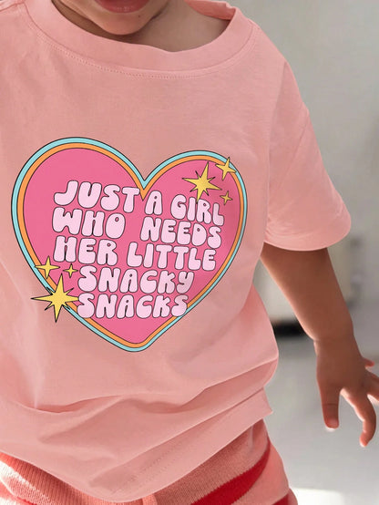 1pc Baby Girls' Retro Sweet T-Shirt, "Just A Girl Who Needs Her Little Snacky Snacks" Print, Short Sleeve, Soft And Comfortable Fabric, Tee