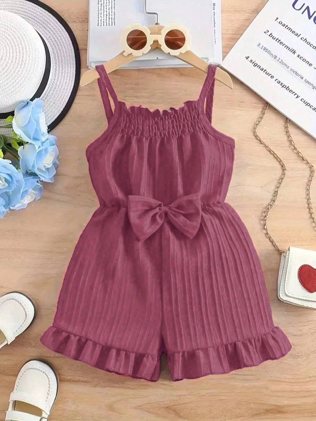 1pc Baby Girls' Summer Romper- Lightweight Sleeveless With Ruffle Shoulder Bow & Waist Belt Detail, Solid Pink, Breathable Casual Outfit, Suitable For Infant & Toddler| Sleeveless Baby Bodysuit| Te