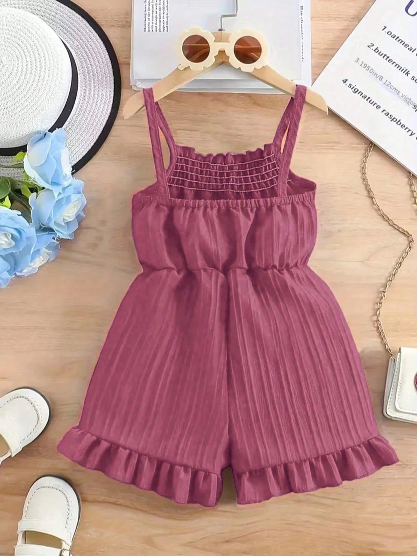 1pc Baby Girls' Summer Romper- Lightweight Sleeveless With Ruffle Shoulder Bow & Waist Belt Detail, Solid Pink, Breathable Casual Outfit, Suitable For Infant & Toddler| Sleeveless Baby Bodysuit| Te