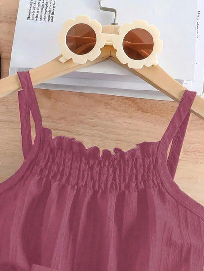 1pc Baby Girls' Summer Romper- Lightweight Sleeveless With Ruffle Shoulder Bow & Waist Belt Detail, Solid Pink, Breathable Casual Outfit, Suitable For Infant & Toddler| Sleeveless Baby Bodysuit| Te