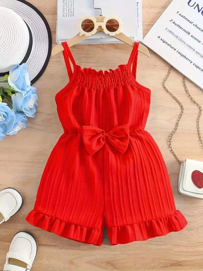 1pc Baby Girls' Summer Romper- Lightweight Sleeveless With Ruffle Shoulder Bow & Waist Belt Detail, Solid Pink, Breathable Casual Outfit, Suitable For Infant & Toddler| Sleeveless Baby Bodysuit| Te