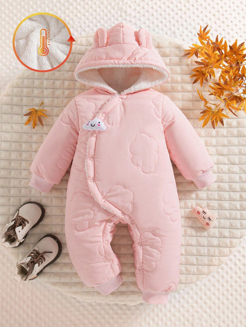 1pc Baby Girls' Winter New 2025 Cloud Stitching Pattern Thermal Lined Hooded Front Open Jumpsuit, Cute Fashion Thick Warm Jumpsuit Fall