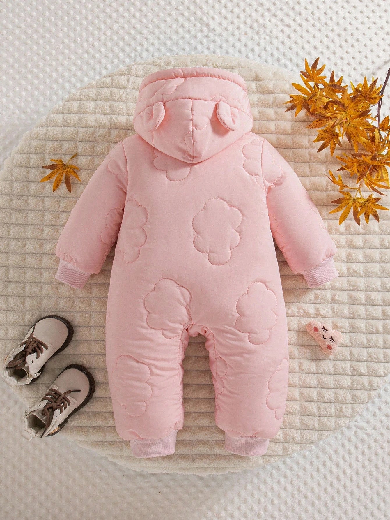 1pc Baby Girls' Winter New 2025 Cloud Stitching Pattern Thermal Lined Hooded Front Open Jumpsuit, Cute Fashion Thick Warm Jumpsuit Fall