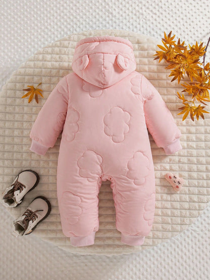 1pc Baby Girls' Winter New 2025 Cloud Stitching Pattern Thermal Lined Hooded Front Open Jumpsuit, Cute Fashion Thick Warm Jumpsuit Fall