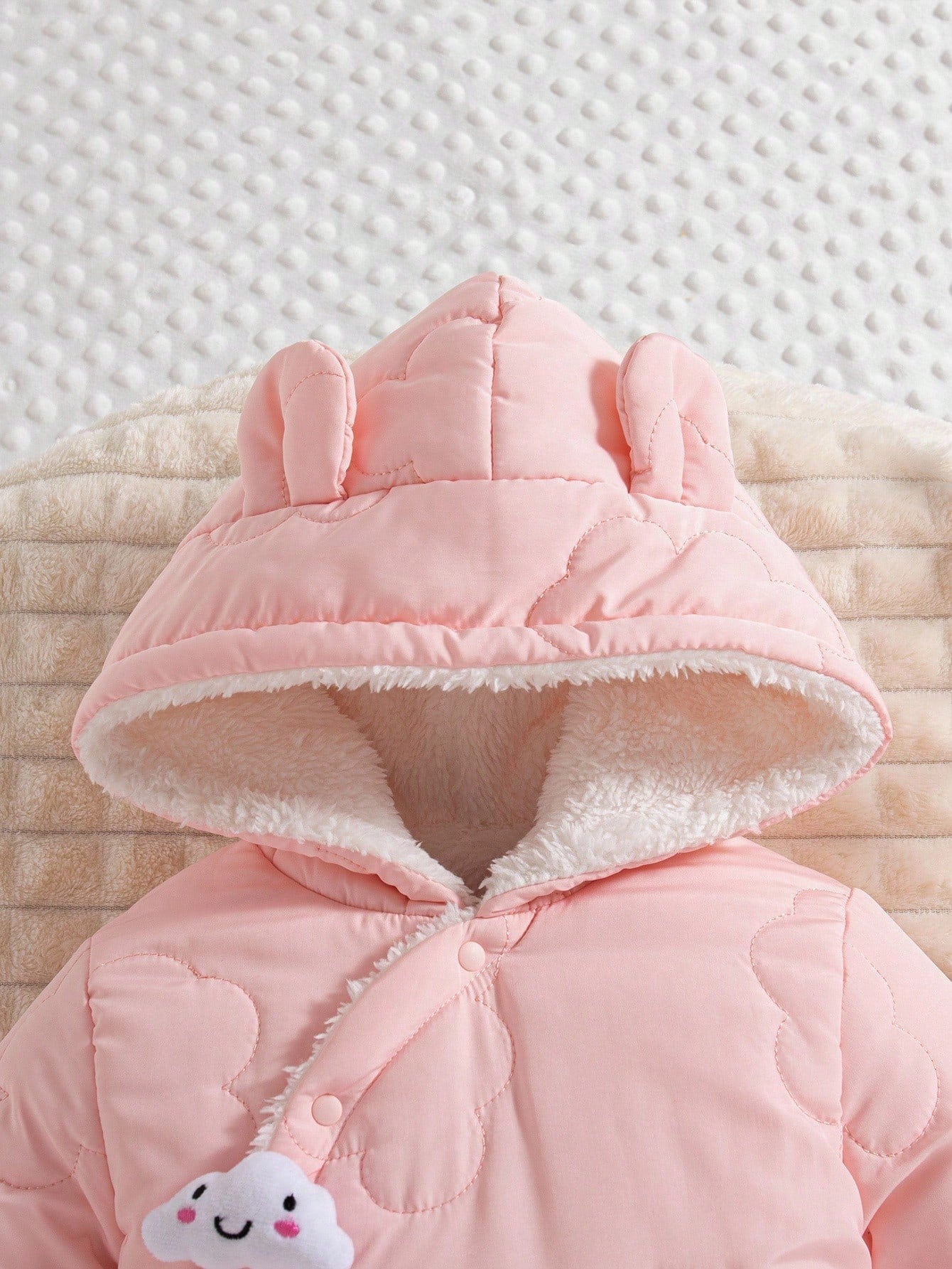 1pc Baby Girls' Winter New 2025 Cloud Stitching Pattern Thermal Lined Hooded Front Open Jumpsuit, Cute Fashion Thick Warm Jumpsuit Fall