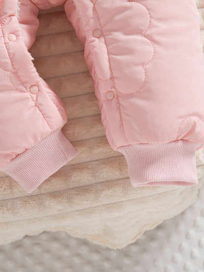 1pc Baby Girls' Winter New 2025 Cloud Stitching Pattern Thermal Lined Hooded Front Open Jumpsuit, Cute Fashion Thick Warm Jumpsuit Fall