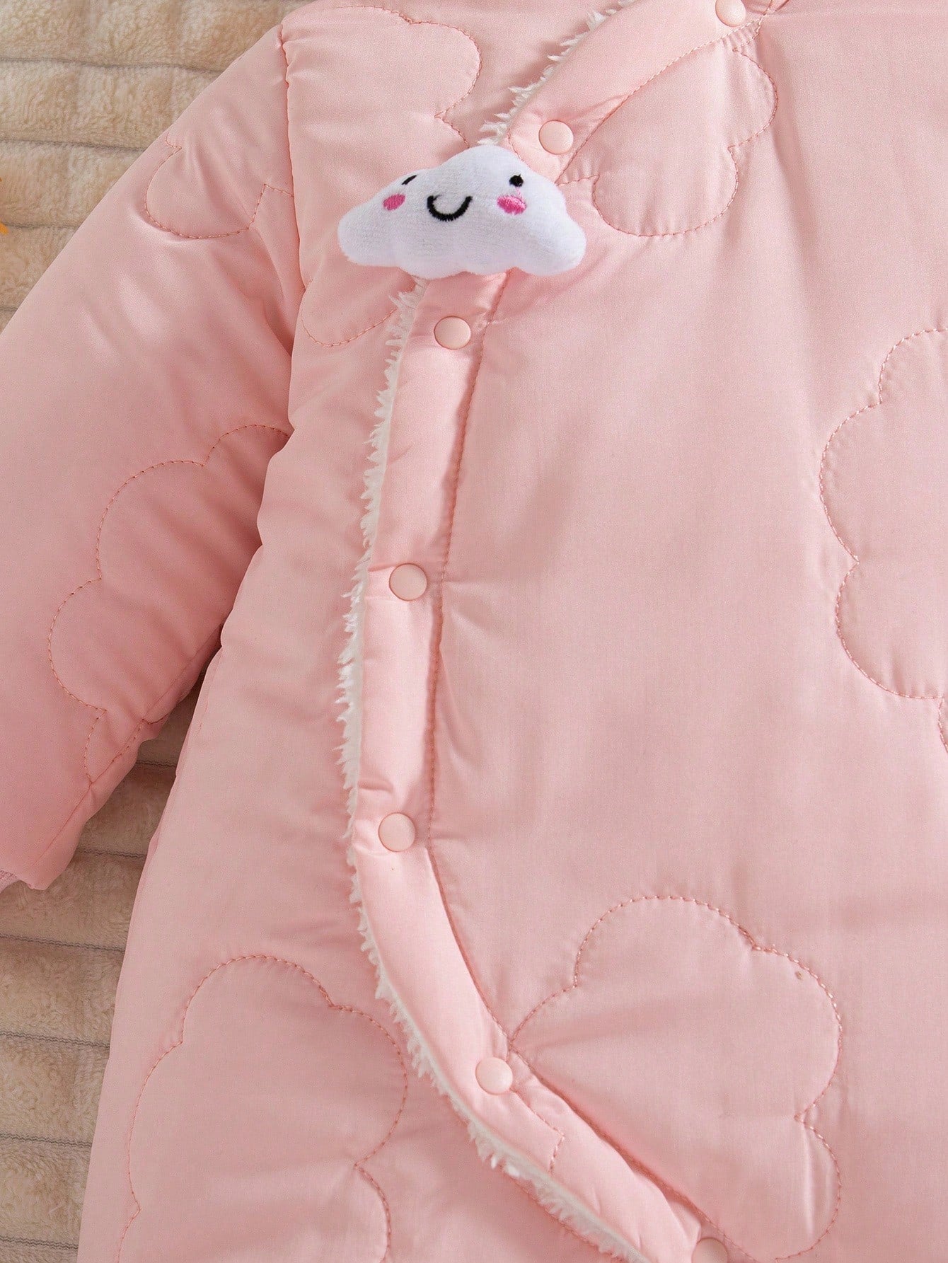 1pc Baby Girls' Winter New 2025 Cloud Stitching Pattern Thermal Lined Hooded Front Open Jumpsuit, Cute Fashion Thick Warm Jumpsuit Fall