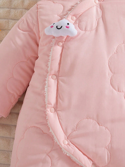 1pc Baby Girls' Winter New 2025 Cloud Stitching Pattern Thermal Lined Hooded Front Open Jumpsuit, Cute Fashion Thick Warm Jumpsuit Fall