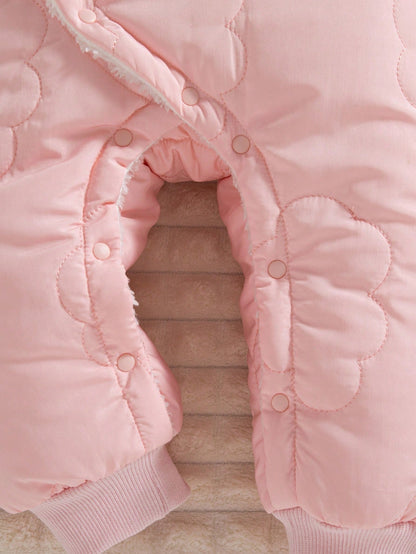 1pc Baby Girls' Winter New 2025 Cloud Stitching Pattern Thermal Lined Hooded Front Open Jumpsuit, Cute Fashion Thick Warm Jumpsuit Fall