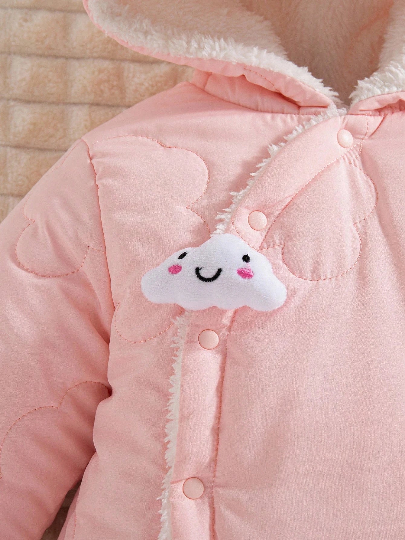 1pc Baby Girls' Winter New 2025 Cloud Stitching Pattern Thermal Lined Hooded Front Open Jumpsuit, Cute Fashion Thick Warm Jumpsuit Fall