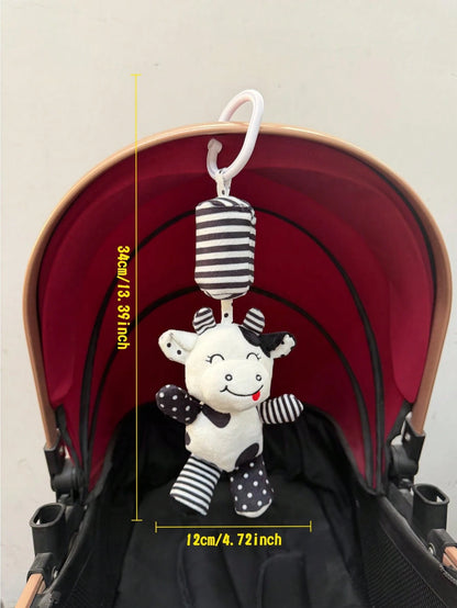 1pc Baby Stroller Hanging Plush Wind Chime Doll, Black & White Color Soft Rattle Doll With Bell, Crinkle Paper, Visual Stimulation Doll, Newborn Baby Gift