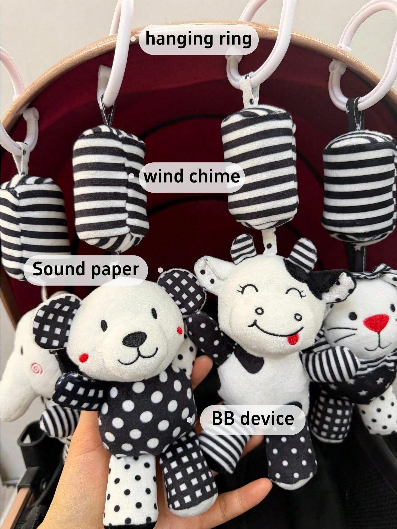 1pc Baby Stroller Hanging Plush Wind Chime Doll, Black & White Color Soft Rattle Doll With Bell, Crinkle Paper, Visual Stimulation Doll, Newborn Baby Gift