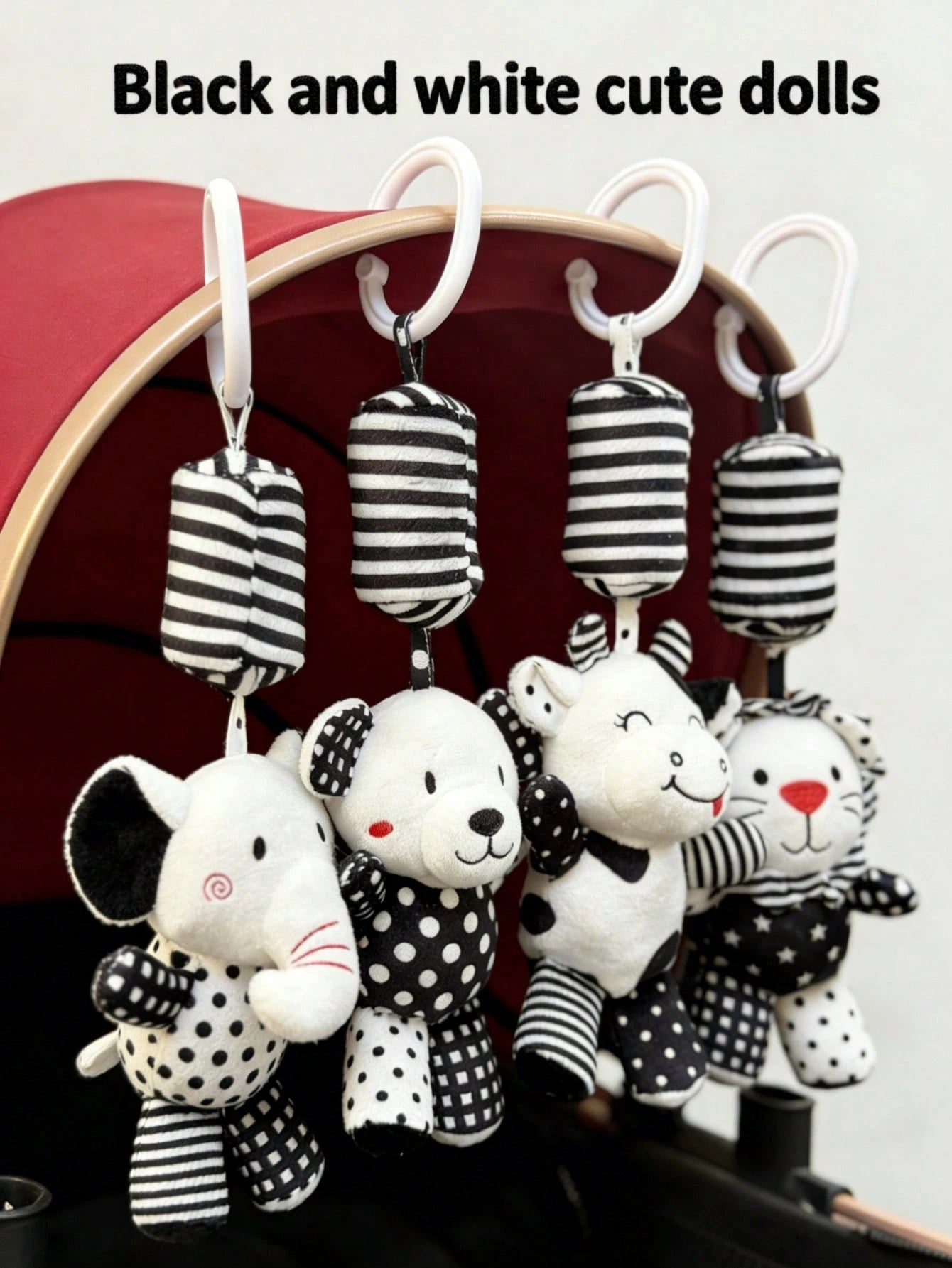 1pc Baby Stroller Hanging Plush Wind Chime Doll, Black & White Color Soft Rattle Doll With Bell, Crinkle Paper, Visual Stimulation Doll, Newborn Baby Gift