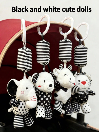 1pc Baby Stroller Hanging Plush Wind Chime Doll, Black & White Color Soft Rattle Doll With Bell, Crinkle Paper, Visual Stimulation Doll, Newborn Baby Gift