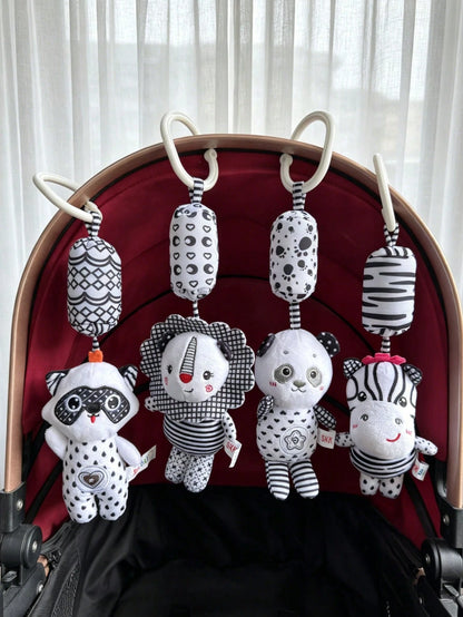 1pc Baby Stroller Hanging Plush Wind Chime Doll, Black & White Color Soft Rattle Doll With Bell, Crinkle Paper, Visual Stimulation Doll, Newborn Baby Gift
