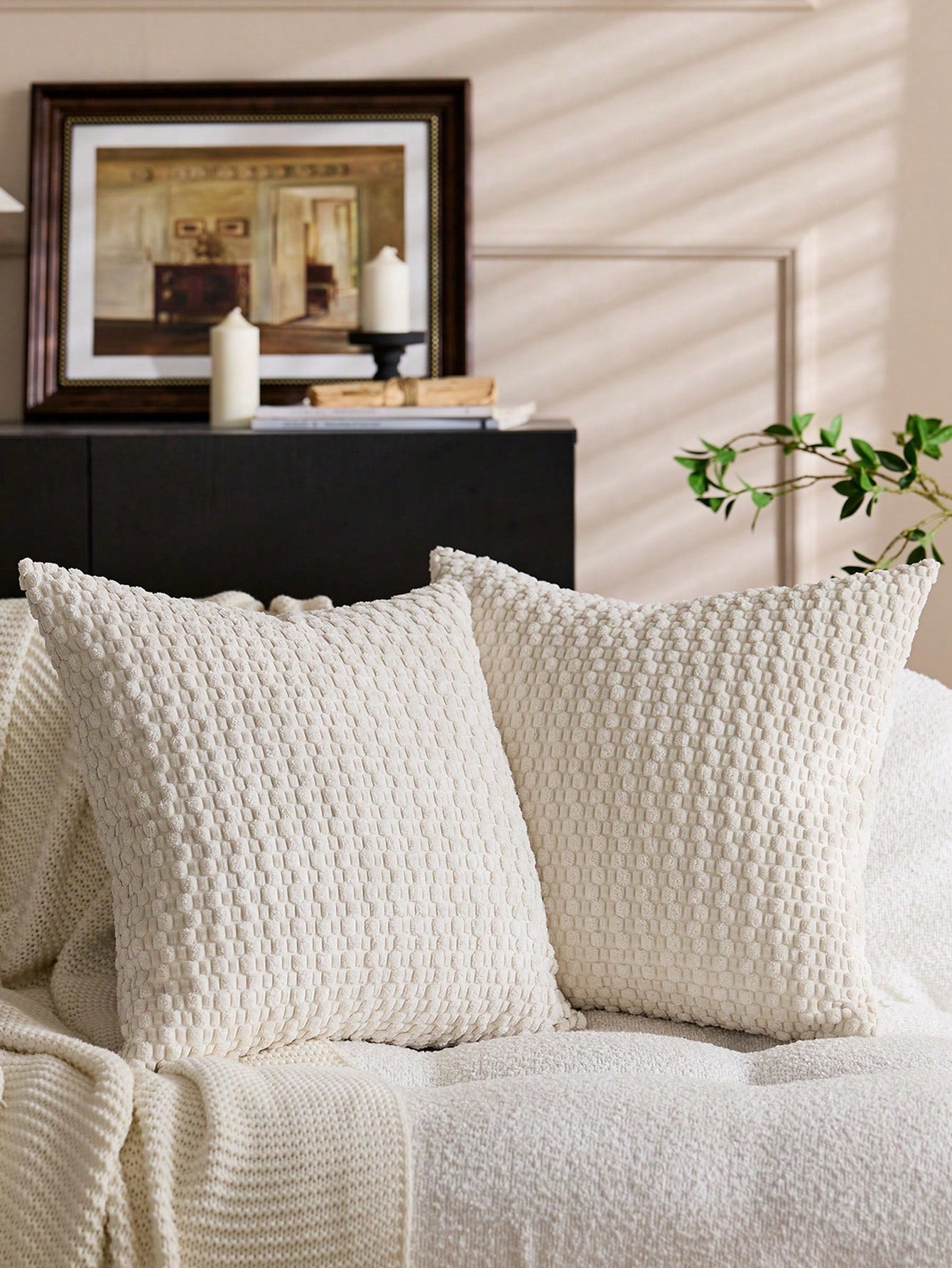 1pc Beige Bohemian Striped Throw Pillow Cover (Pillow Insert Not Included), Soft Plush Corduroy Solid Color Decorative Square Pillow Sham, Suitable For Holiday, Sofa, Bedroom, Bed, All Seasons