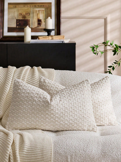 1pc Beige Bohemian Striped Throw Pillow Cover (Pillow Insert Not Included), Soft Plush Corduroy Solid Color Decorative Square Pillow Sham, Suitable For Holiday, Sofa, Bedroom, Bed, All Seasons