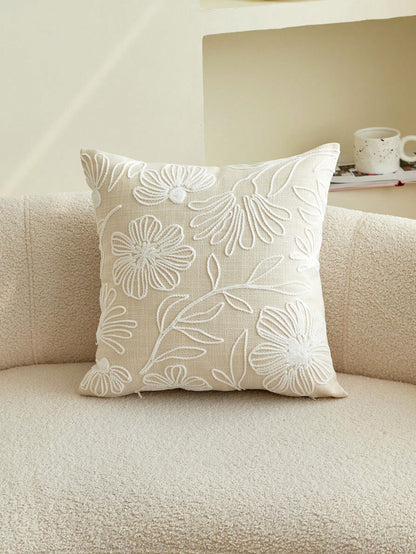 1pc Beige Floral & Leaf Embroidery Decorative Pillow Cover, Suitable For Indoor Decor, All Season, Pillow Case Only (No Insert)