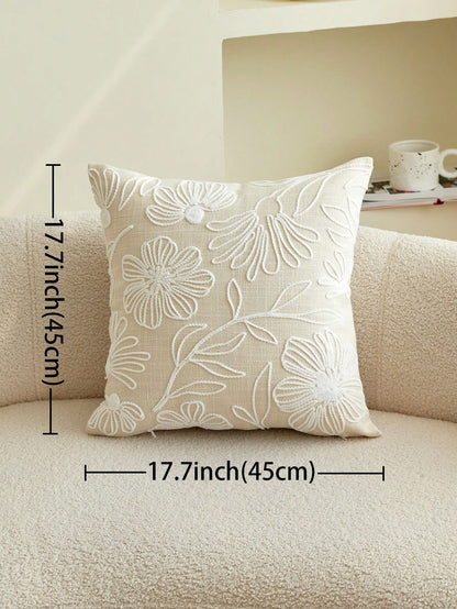 1pc Beige Floral & Leaf Embroidery Decorative Pillow Cover, Suitable For Indoor Decor, All Season, Pillow Case Only (No Insert)