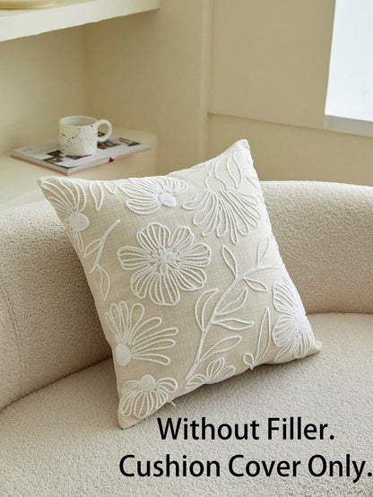 1pc Beige Floral & Leaf Embroidery Decorative Pillow Cover, Suitable For Indoor Decor, All Season, Pillow Case Only (No Insert)