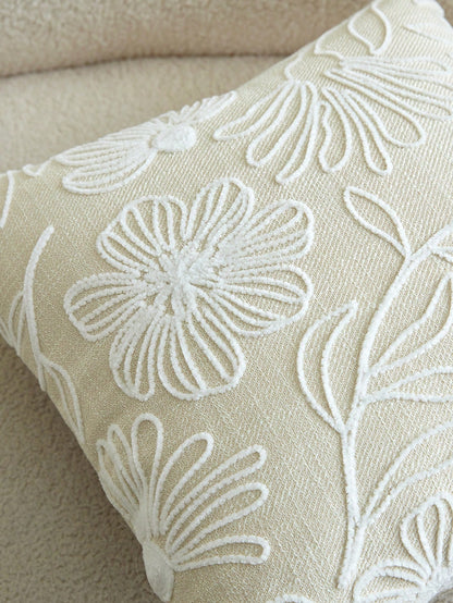 1pc Beige Floral & Leaf Embroidery Decorative Pillow Cover, Suitable For Indoor Decor, All Season, Pillow Case Only (No Insert)