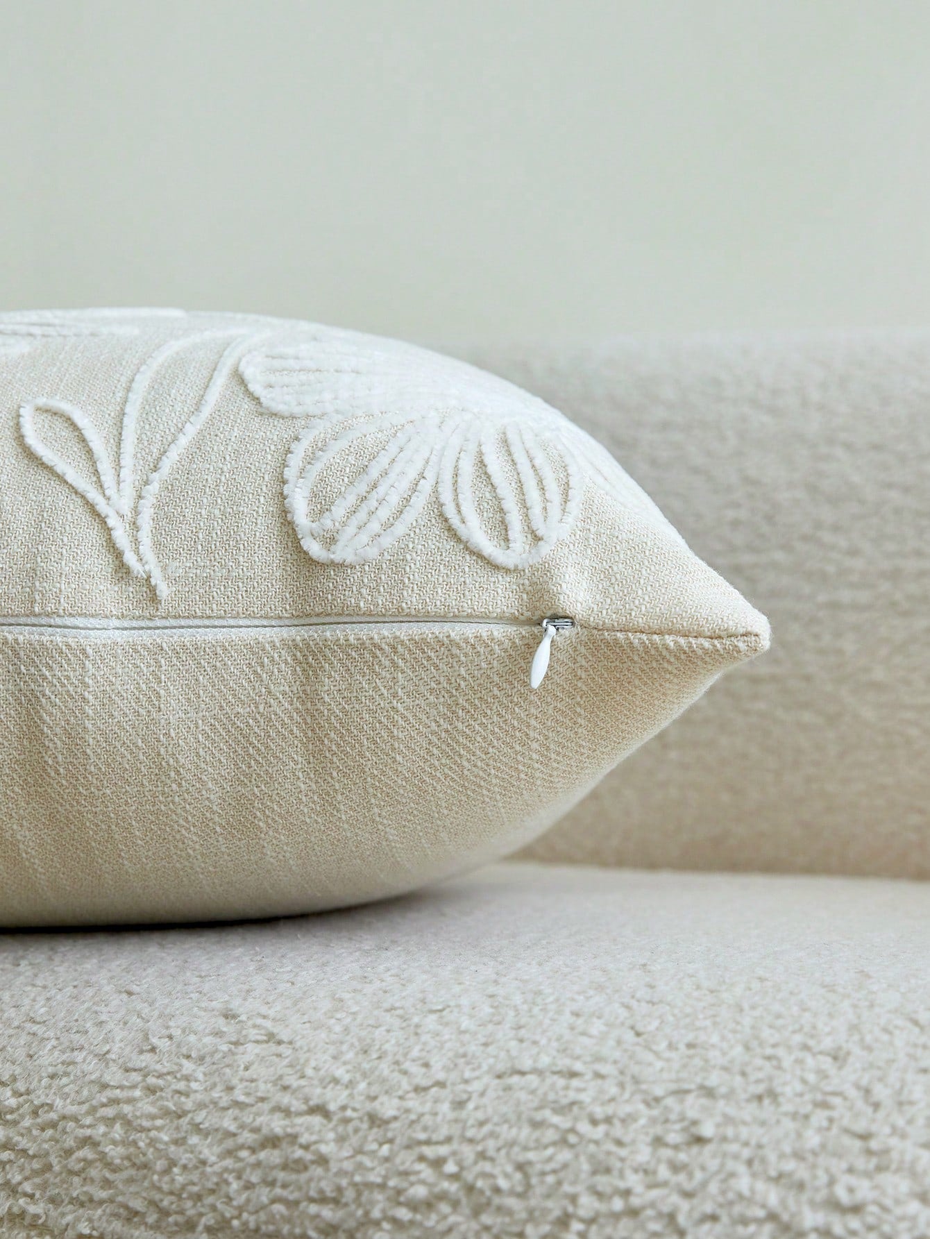 1pc Beige Floral & Leaf Embroidery Decorative Pillow Cover, Suitable For Indoor Decor, All Season, Pillow Case Only (No Insert)